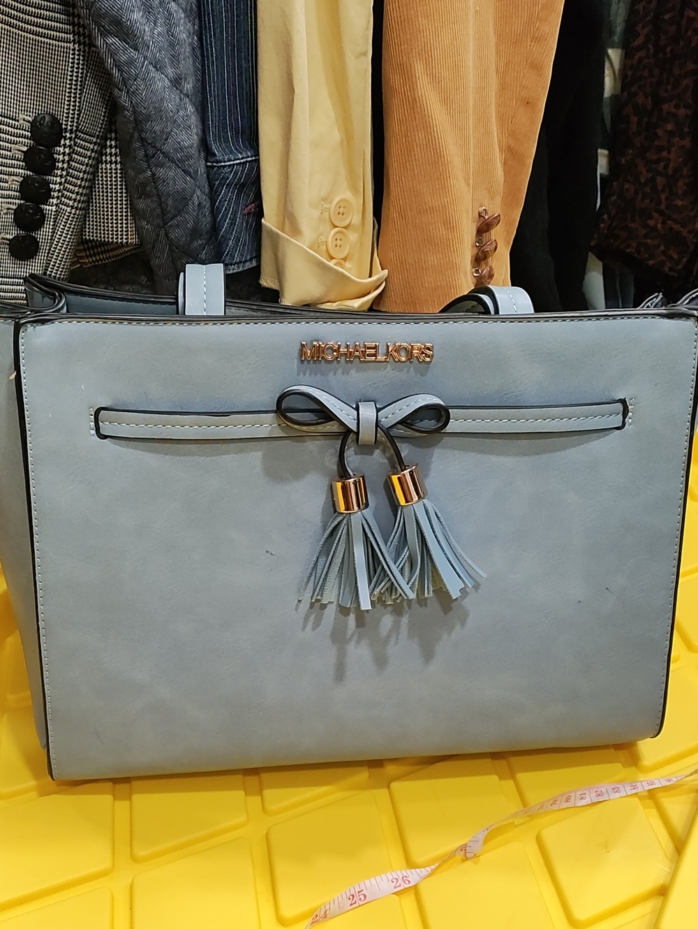 Light Blue Shoulder Tote with Tassel Bow